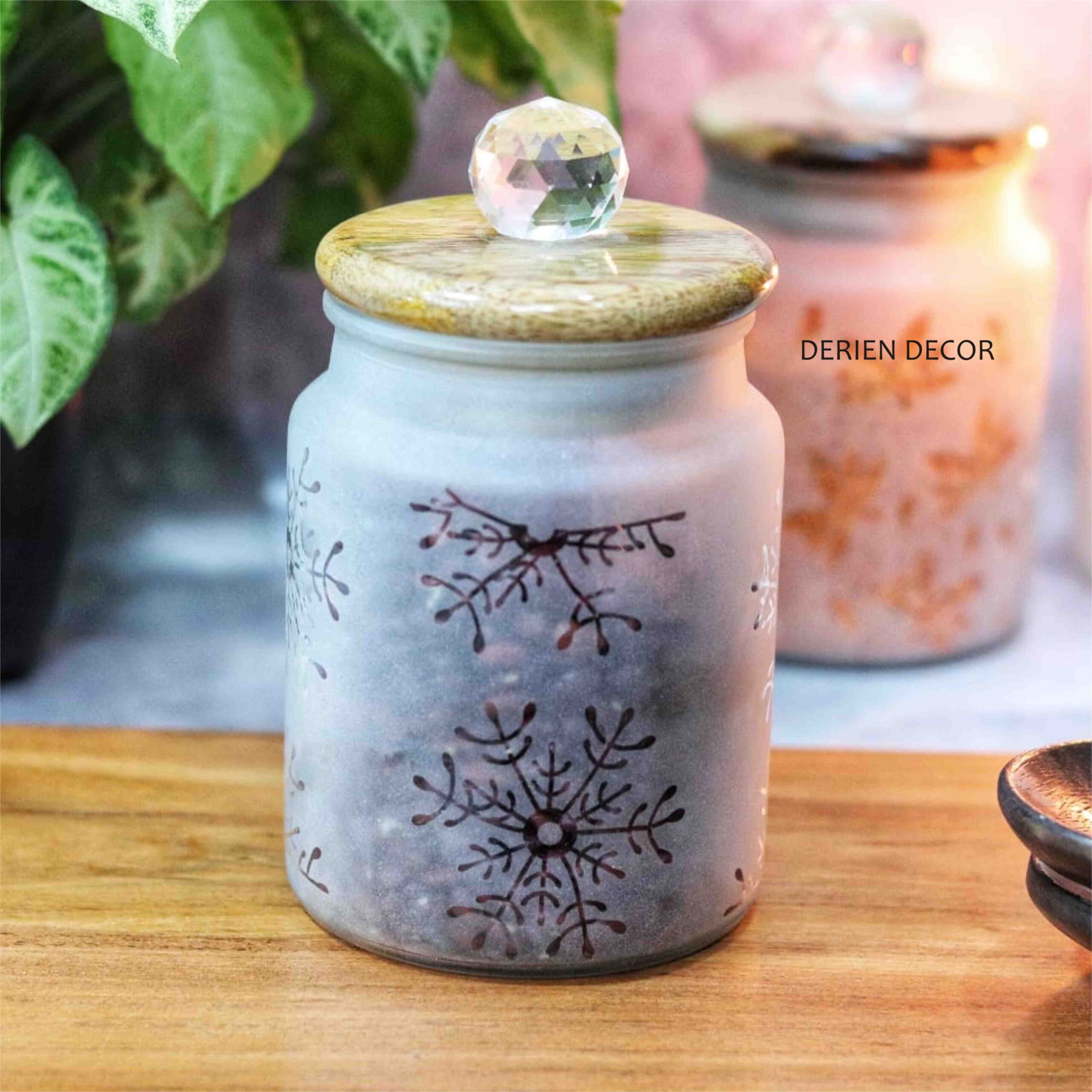 Stylish 675ml Frost Glass Snowflake Print Jar with Wooden Lid and Crystal Glass Knob - Airtight for Safe Food, Trinket or Ornament storage