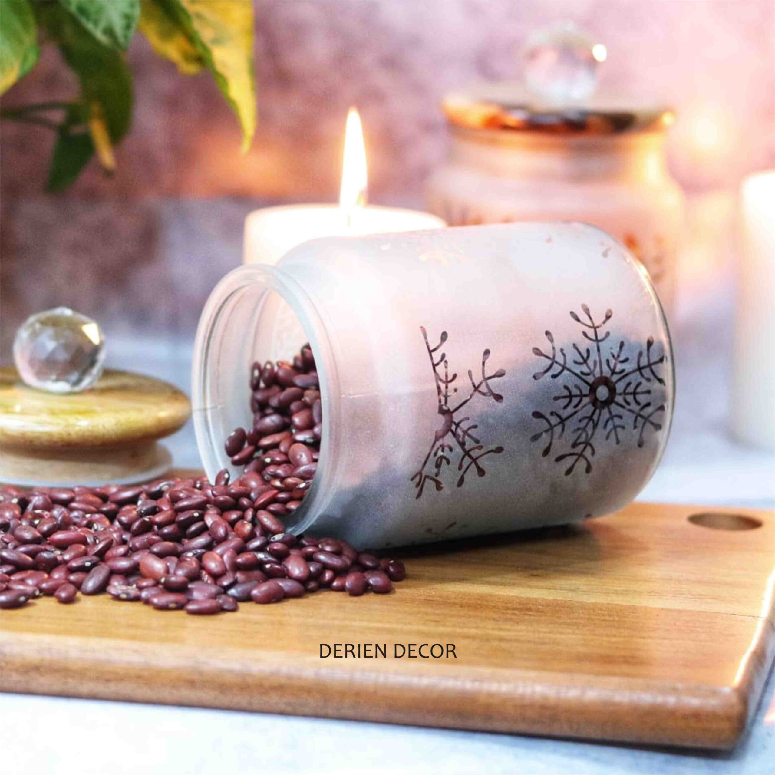 Stylish 675ml Frost Glass Snowflake Print Jar with Wooden Lid and Crystal Glass Knob - Airtight for Safe Food, Trinket or Ornament storage - Image 3