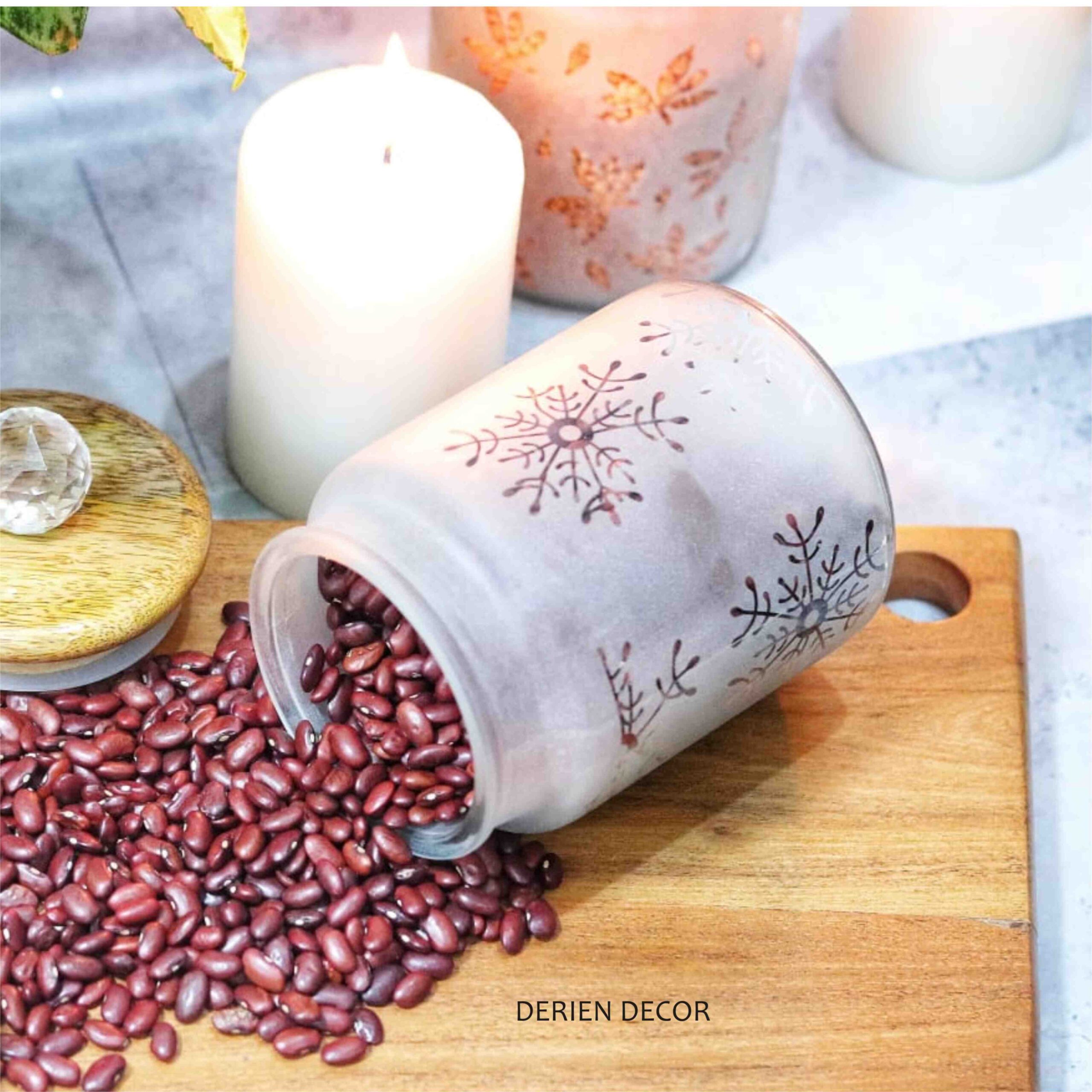 Stylish 675ml Frost Glass Snowflake Print Jar with Wooden Lid and Crystal Glass Knob - Airtight for Safe Food, Trinket or Ornament storage - Image 2