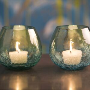 Blue 4 Inch Large Half Crackle Luster Glass Tea Lights Candle Holder for Table Decor