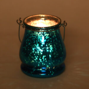 Antique Mercury Glass Bucket Style 4.5 Inch Hurricane Wind Light Candle Holder For Pillar Candles/ Tealights/ Votive With Wire Hanging Handles- Blue