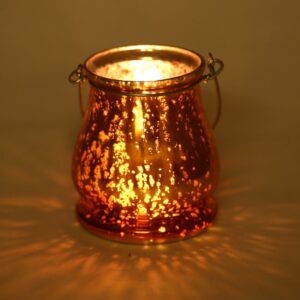 Antique Mercury Glass Bucket Style 4.5 Inch Hurricane Wind Light Candle Holder For Pillar Candles/ Tealights/ Votive With Wire Hanging Handles- Yellow