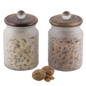 Stylish 675ml Frost Glass Floral Print Jar with Wooden Lid and Crystal Glass Knob - Airtight for Safe Food, Trinket or Ornament storage