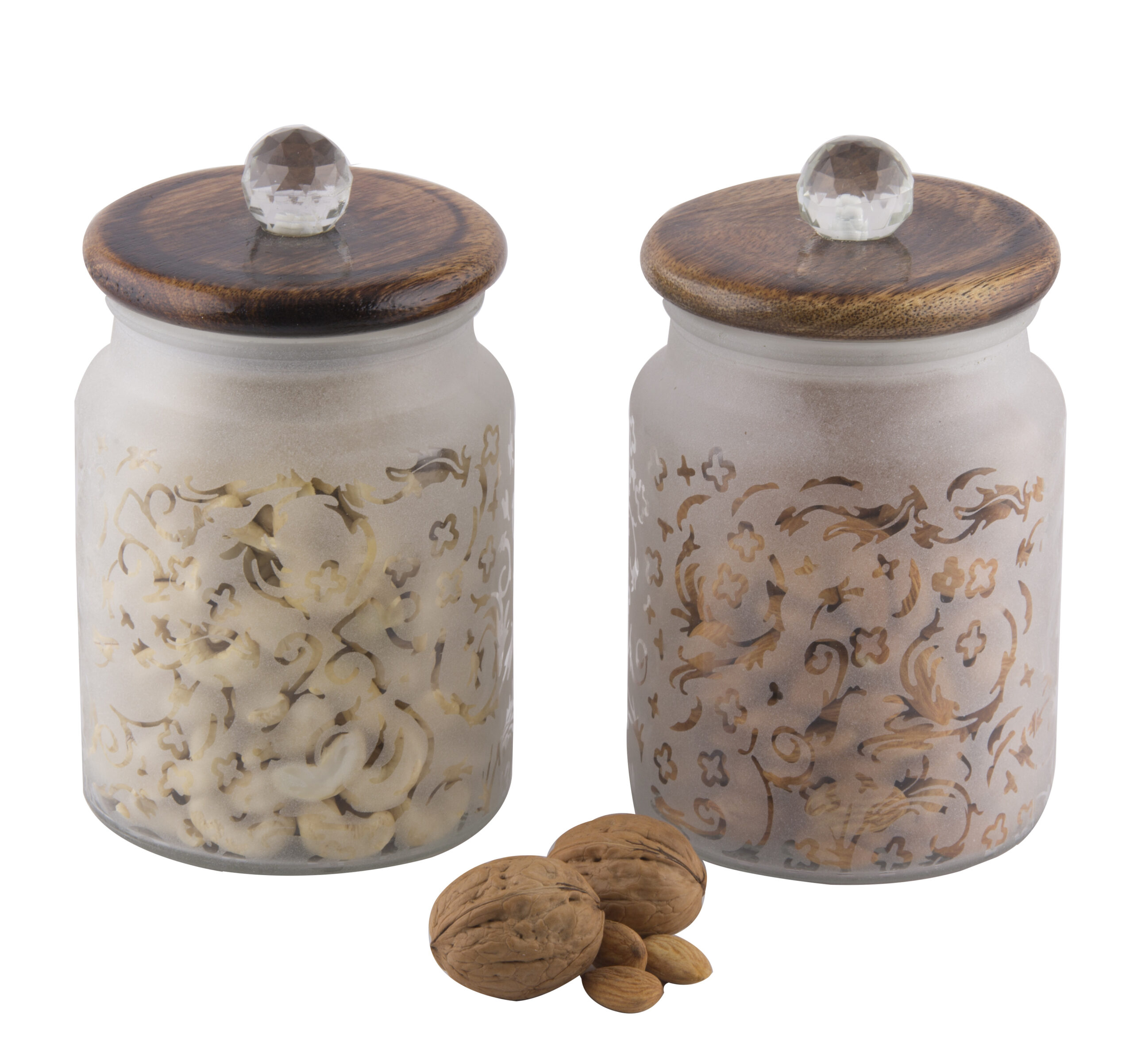 Stylish 675ml Frost Glass Floral Print Jar with Wooden Lid and Crystal Glass Knob - Airtight for Safe Food, Trinket or Ornament storage