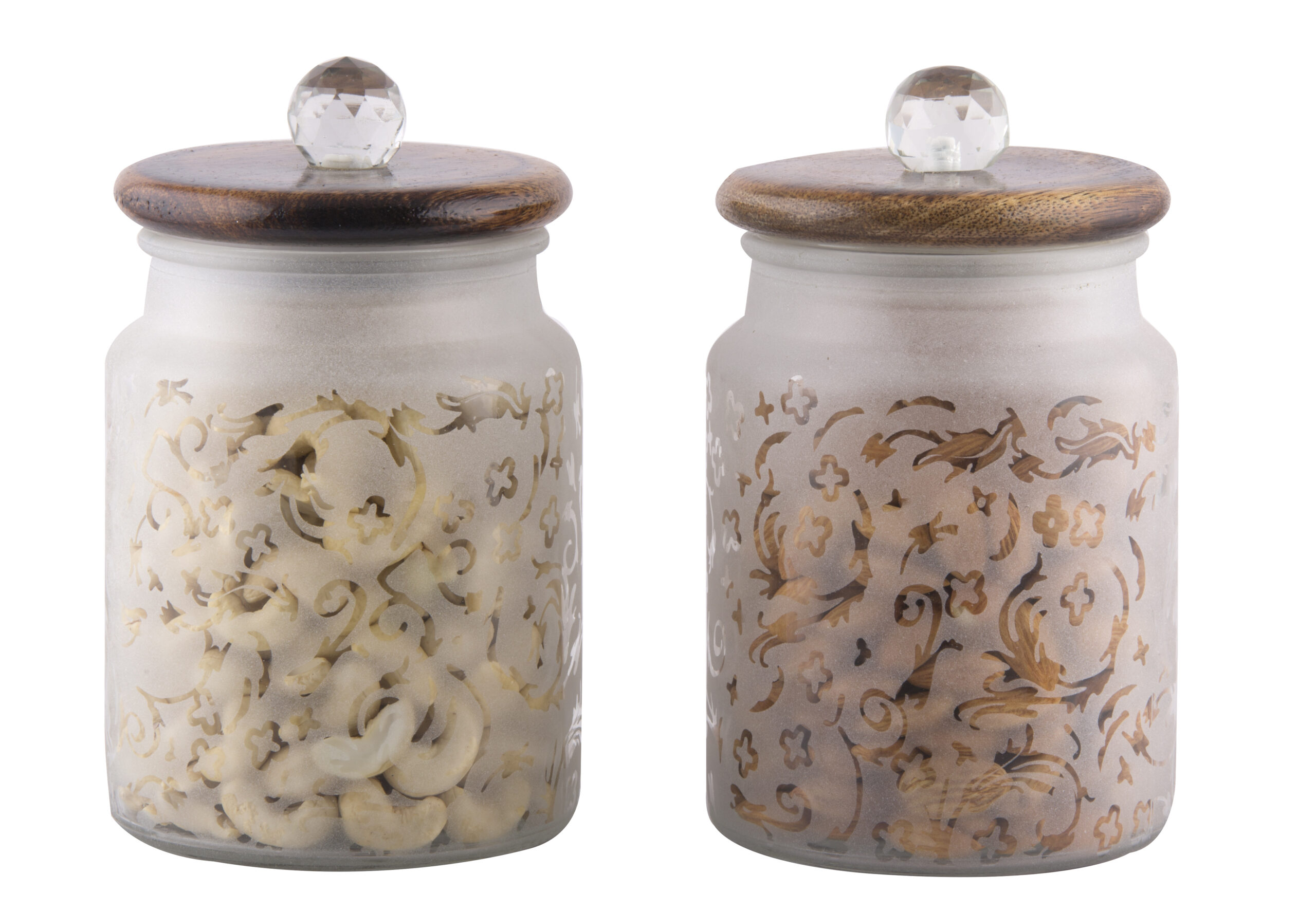 Stylish 675ml Frost Glass Floral Print Jar with Wooden Lid and Crystal Glass Knob - Airtight for Safe Food, Trinket or Ornament storage - Image 2