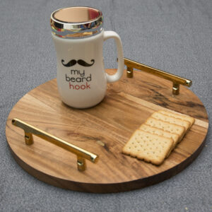 Elegant Decorative Round Wooden Tray Tableware-Kitchenware-Serve war- with Decorative Sturdy Gold Plated Metal Handles