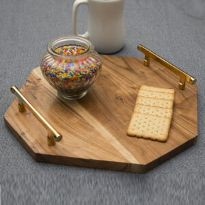 Elegant Decorative Hexagonal Wooden Tray Tableware-Kitchenware-Serve war- with Decorative Sturdy Gold Plated Metal Handles