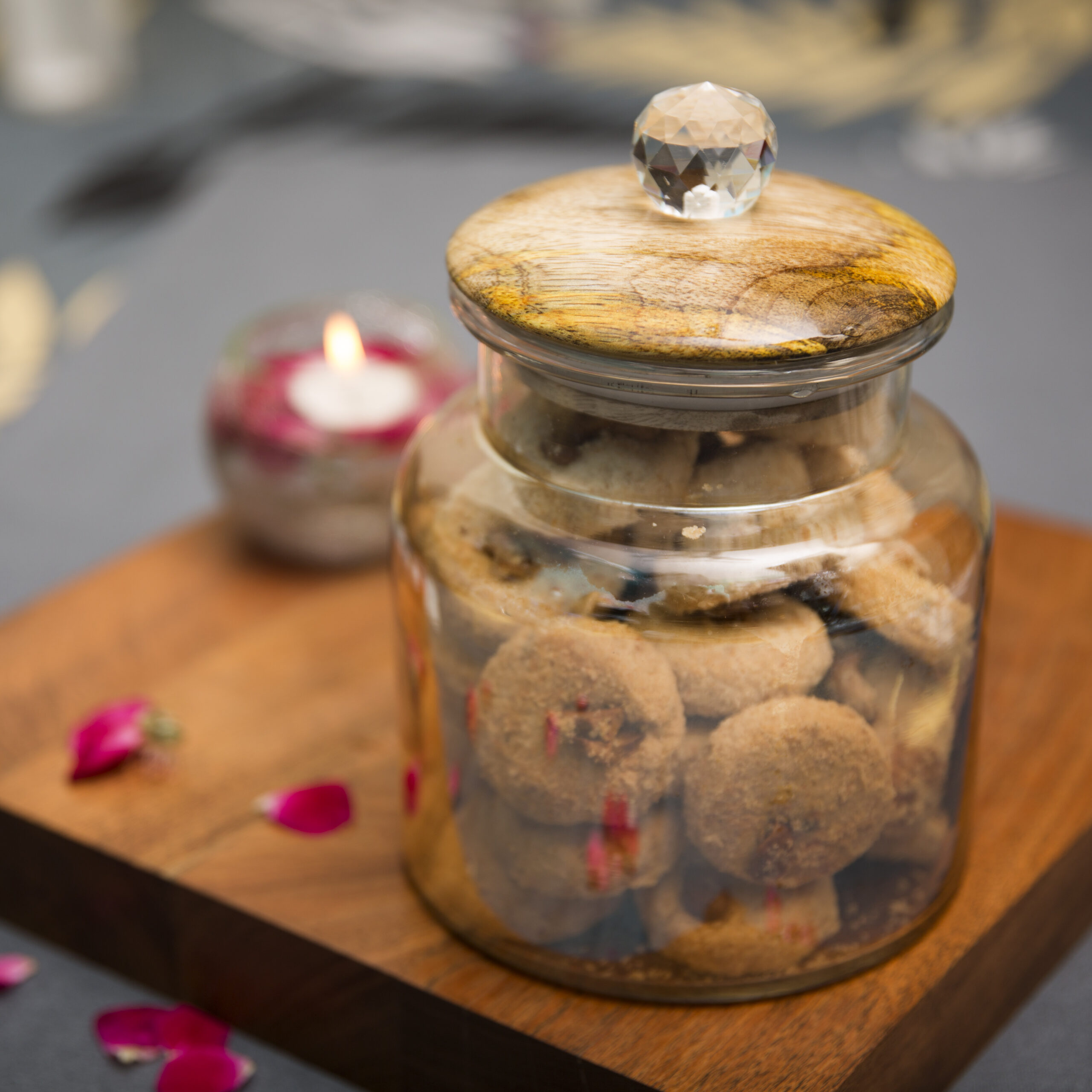Stylish 1350ml Golden Glass Jar with Wooden Lid and Crystal Glass Knob - Airtight for Safe Food, Trinket or Ornament storage