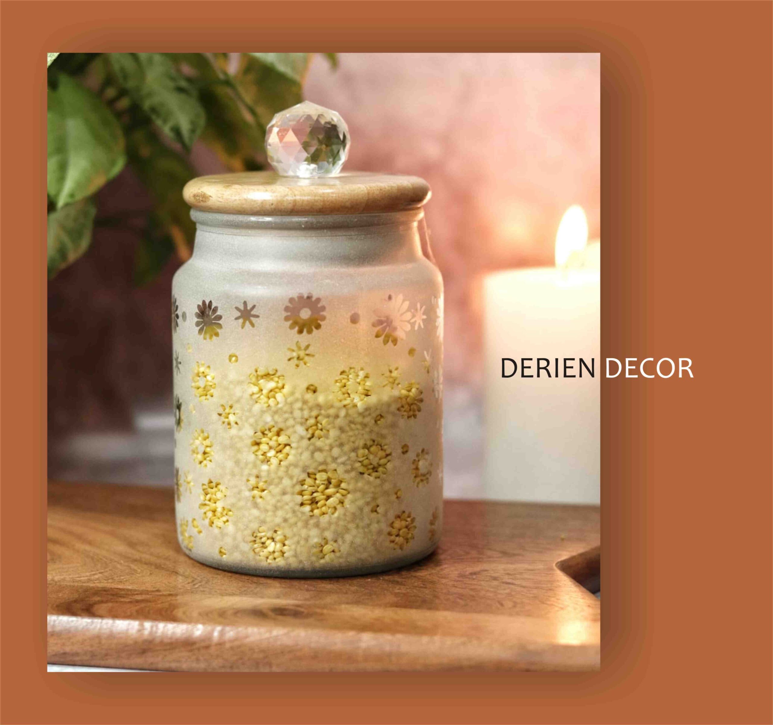 Stylish 675ml Frost Glass Small Flower Print Jar with Wooden Lid and Crystal Glass Knob - Airtight for Safe Food, Trinket or Ornament storage - Image 2