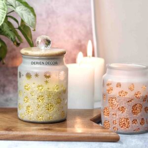 Stylish 675ml Frost Glass Small Flower Print Jar with Wooden Lid and Crystal Glass Knob - Airtight for Safe Food, Trinket or Ornament storage