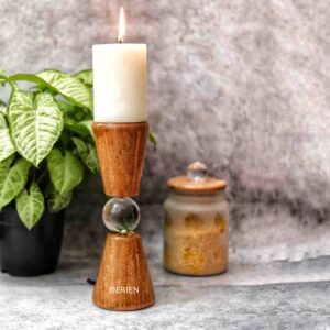 Wooden Single 10" Votive Candle Holder Stand With Centered Glass Ball For Table Decor