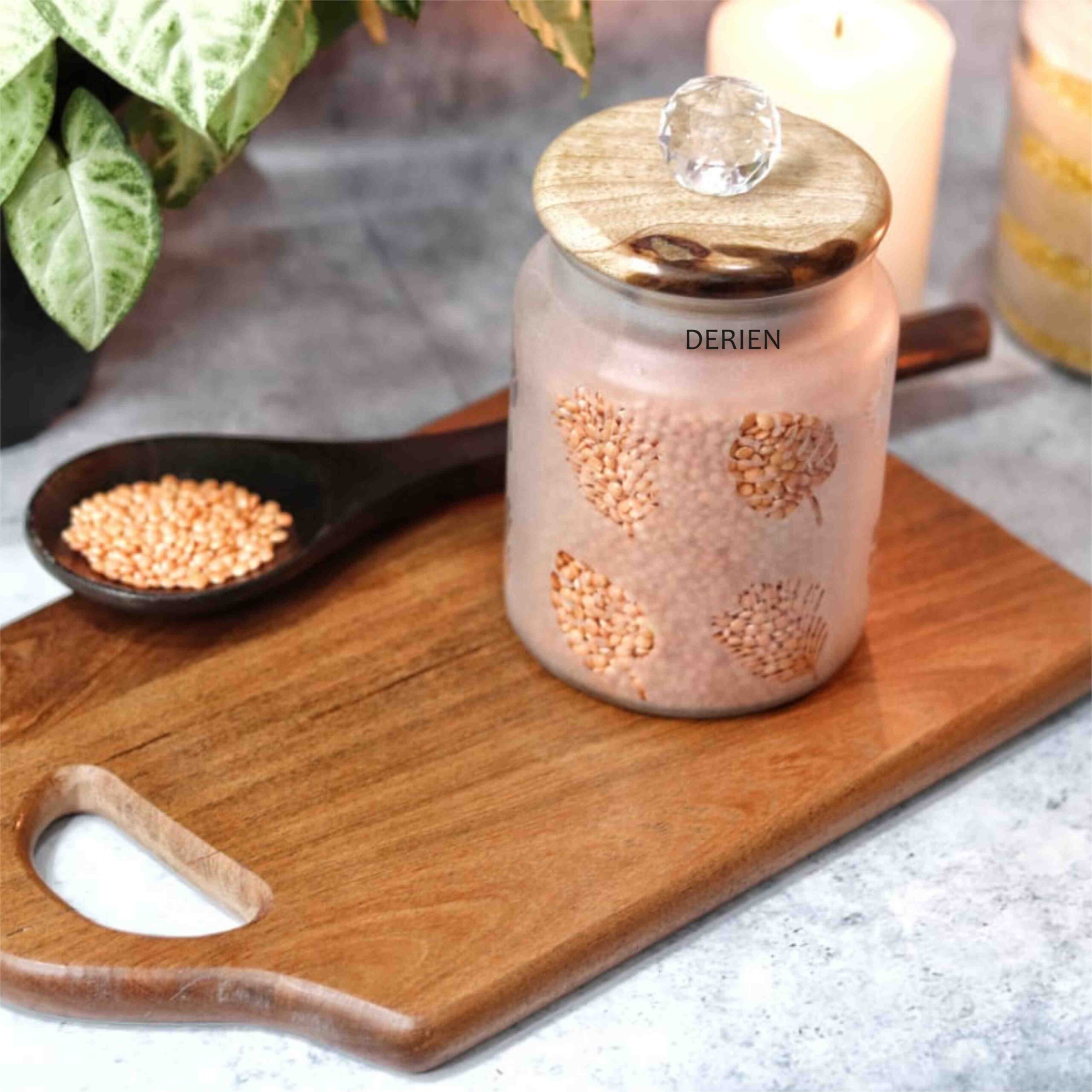 Stylish 675ml Frost Glass Leafy Print Jar with Wooden Lid and Crystal Glass Knob - Airtight for Safe Food, Trinket or Ornament storage - Image 2