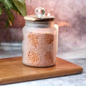 Stylish 675ml Frost Glass Leafy Print Jar with Wooden Lid and Crystal Glass Knob - Airtight for Safe Food, Trinket or Ornament storage