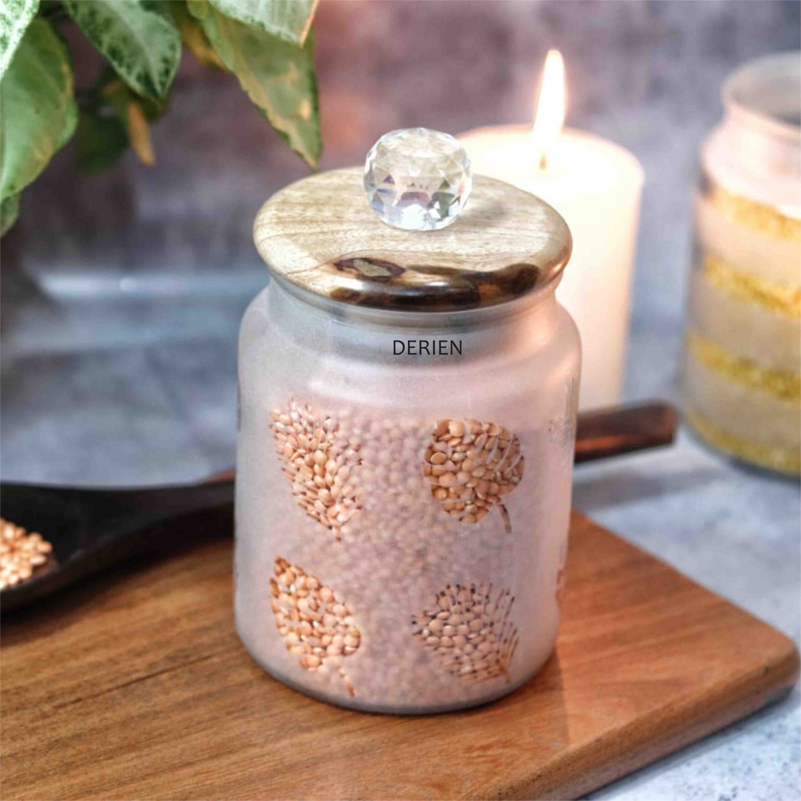 Stylish 675ml Frost Glass Leafy Print Jar with Wooden Lid and Crystal Glass Knob - Airtight for Safe Food, Trinket or Ornament storage - Image 3