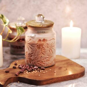 “Airtight 675ml Frost Glass Flower Chain Print Jar with Wooden Lid and Crystal Glass Knob – A Stylish Decorative Storage Solution