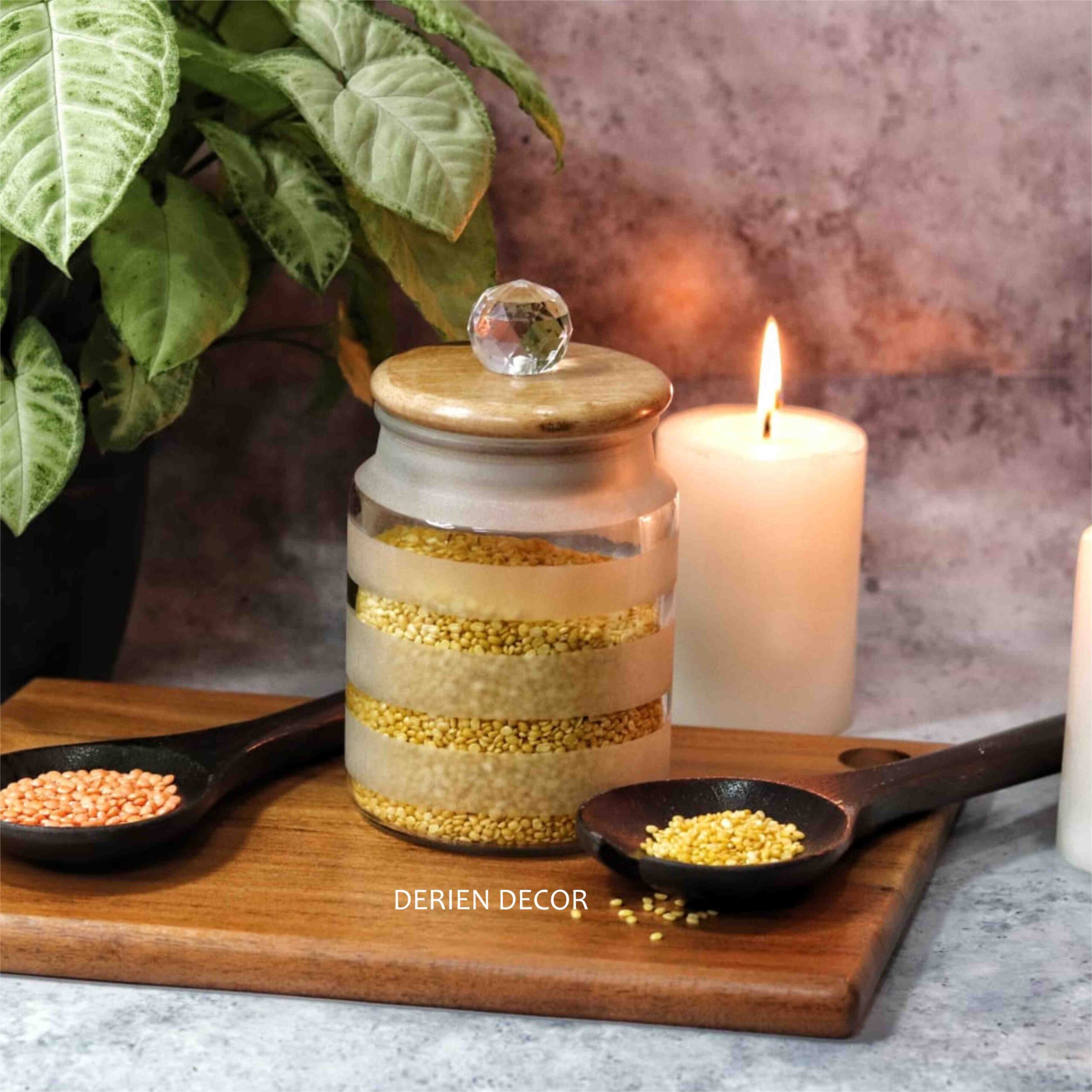 Stylish 675ml Frost Glass Stripped Print Jar with Wooden Lid and Crystal Glass Knob - Airtight for Safe Food, Trinket or Ornament storage - Image 2