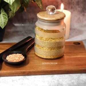 Stylish 675ml Frost Glass Stripped  Print Jar with Wooden Lid and Crystal Glass Knob - Airtight for Safe Food, Trinket or Ornament storage