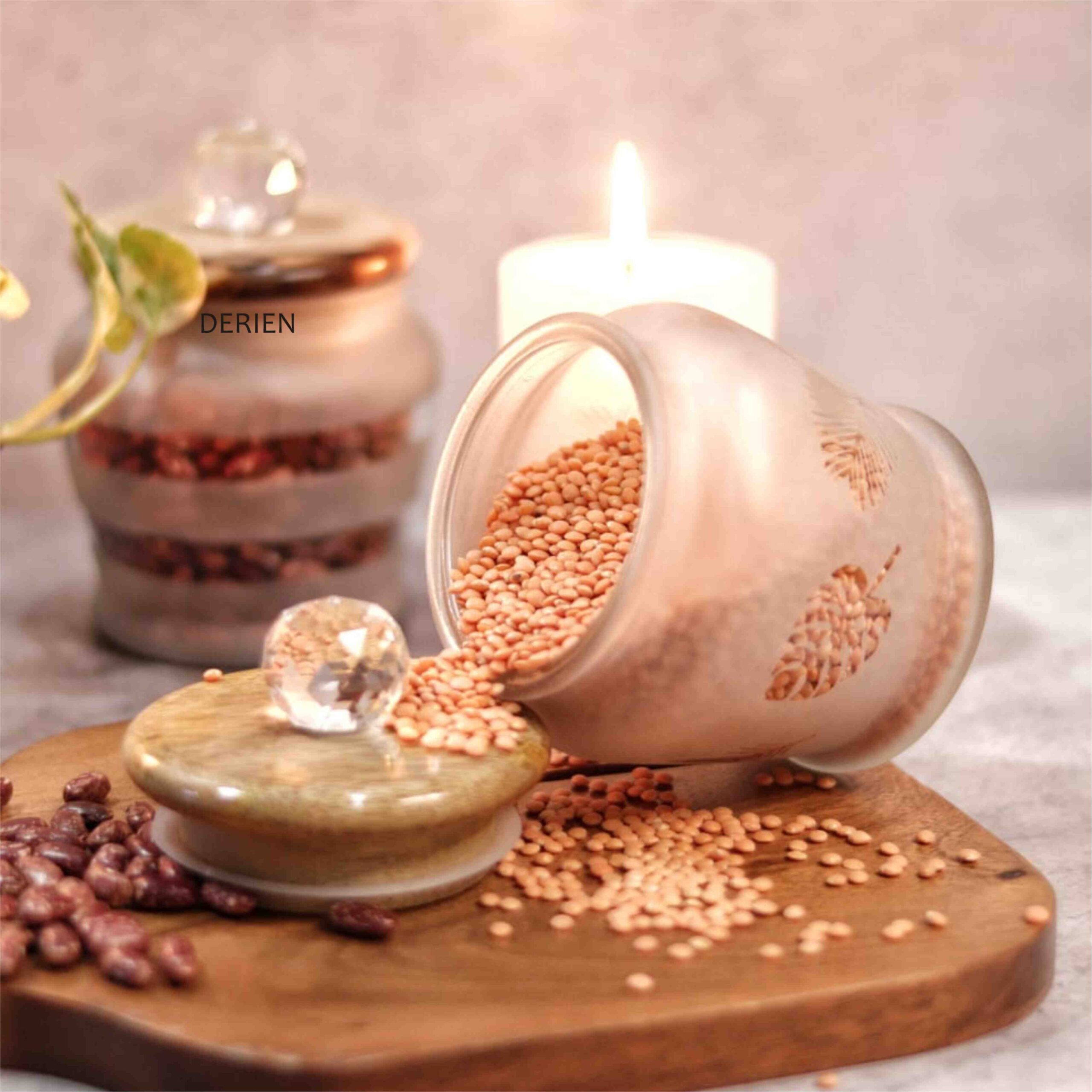 Stylish 425ml Frost Glass Leafy Print Jar with Wooden Lid and Crystal Glass Knob - Airtight for Safe Food, Trinket or Ornament storage - Image 3