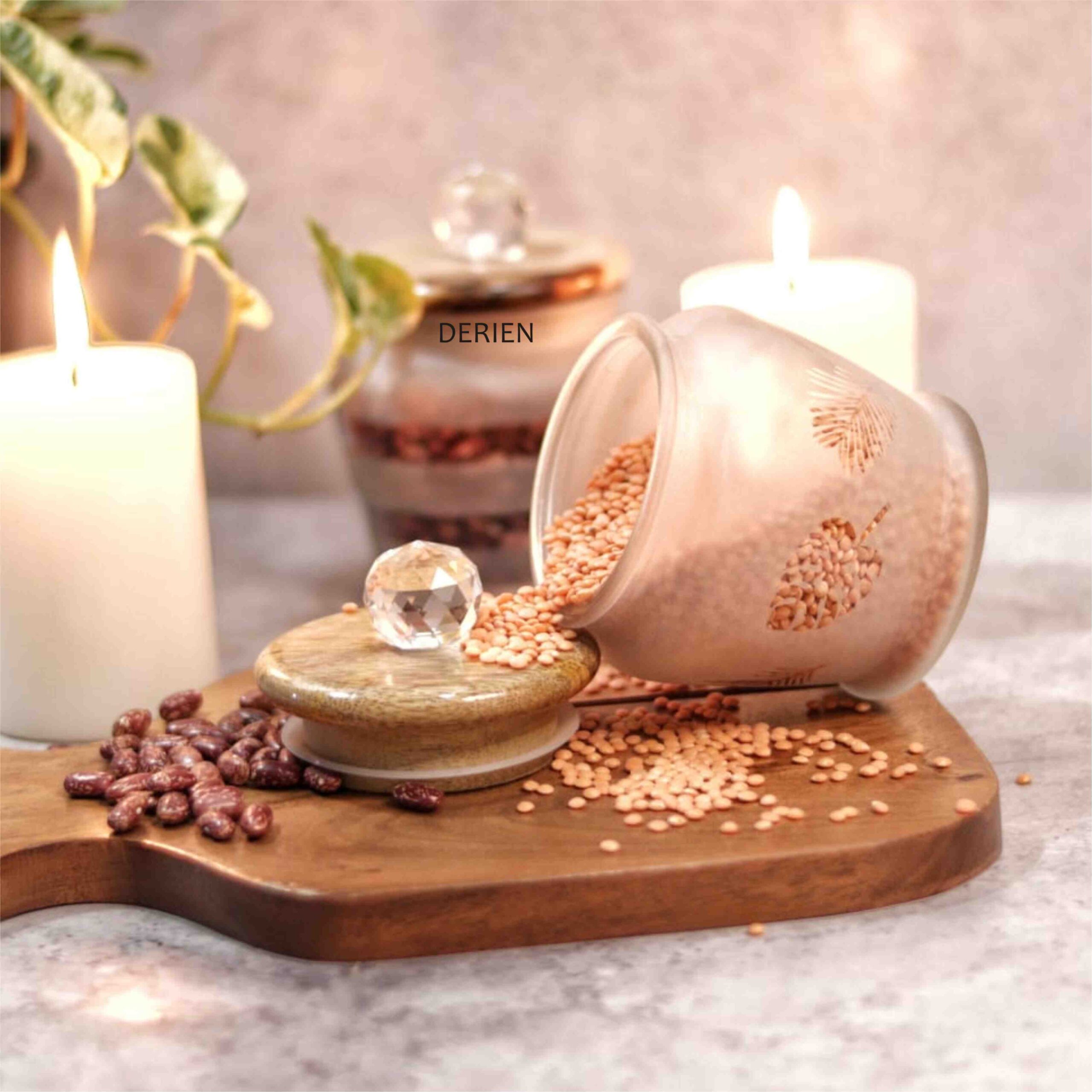 Stylish 425ml Frost Glass Leafy Print Jar with Wooden Lid and Crystal Glass Knob - Airtight for Safe Food, Trinket or Ornament storage - Image 2
