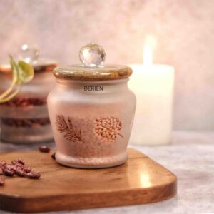 Stylish 425ml Frost Glass Leafy Print Jar with Wooden Lid and Crystal Glass Knob - Airtight for Safe Food, Trinket or Ornament storage